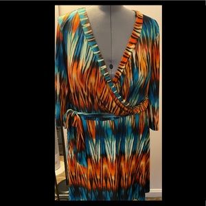 Never worn- multi color belted, v neck dress